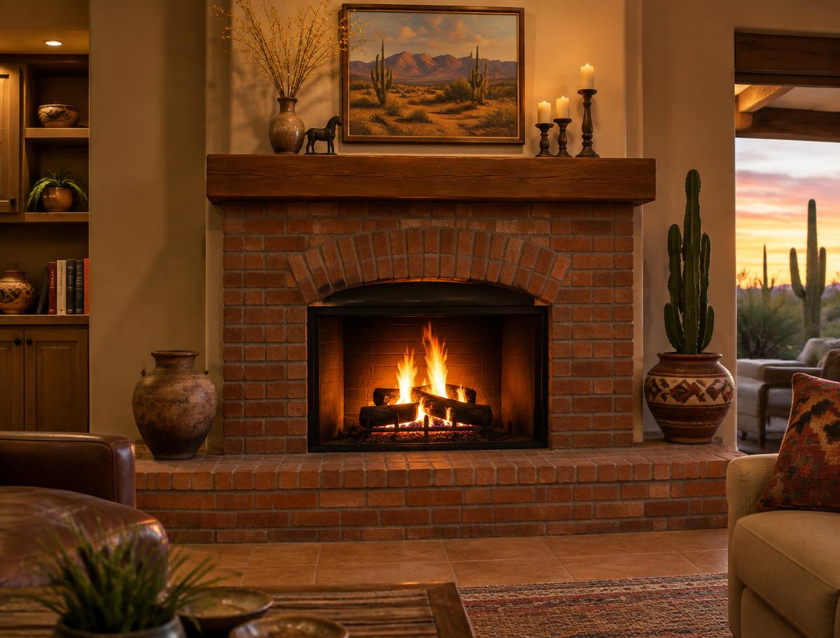 Clean cozy brick fireplace in an Arizona home
