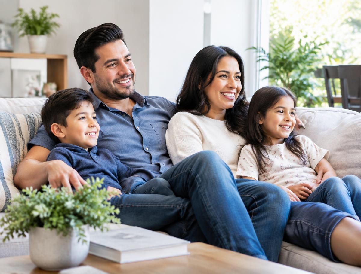 Family relaxing in a bright clean home