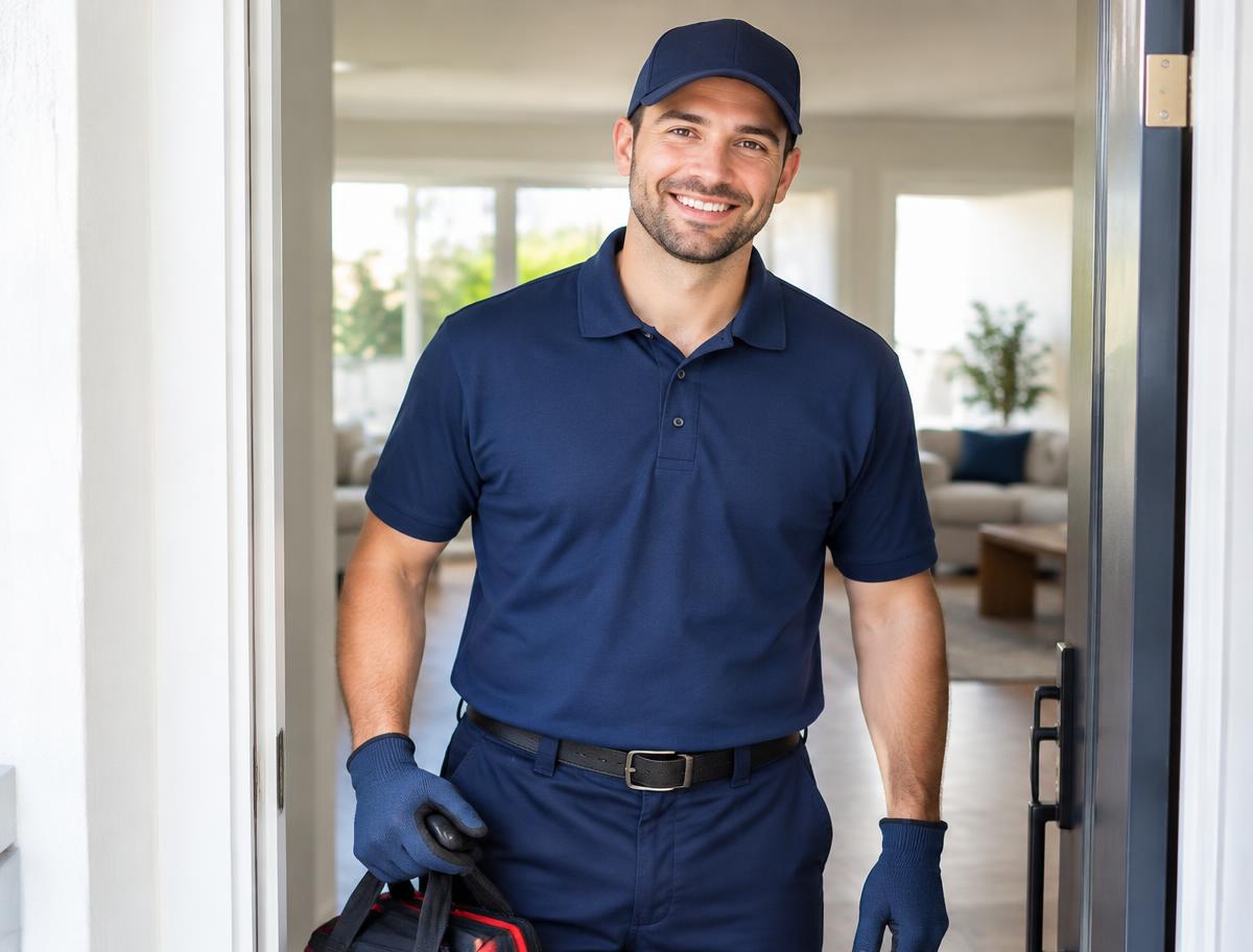 Friendly professional technician in a plain navy uniform smiling at a front door