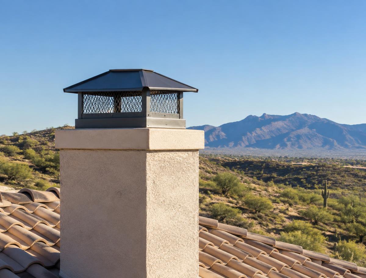Rooftop chimney and clean chimney cap against a desert sky